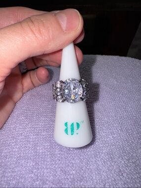 bp Silver-Tone Ring with Large Clear Oval Crystal